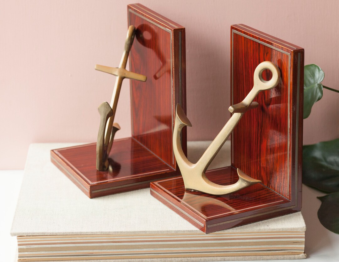 Nautical Bookends Vintage Brass Anchor Bookshelf Decor Lake House Decor