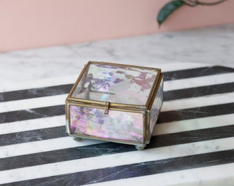 Petite boîte à bagues en verre avec cygne gravé - boîte à souvenirs vintage en laiton et en verre - boîte à bagues de fiançailles - boîte à bibelots - boîte de rangement vintage