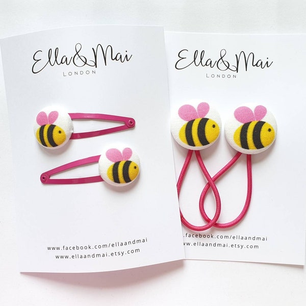 Bee hair clip, hair ties, bee hair bobbles, stocking fillers, ponytail holders, pink clips, gift for girls.