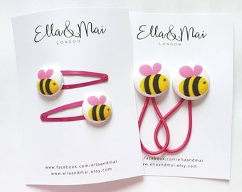 Bee hair clip, hair ties, bee hair bobbles, stocking fillers, ponytail holders, pink clips, gift for girls.