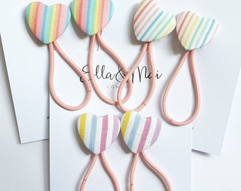 Heart hair bobbles, rainbow stripe,stocking fillers, gift for girls,bobbles, ponytail holder, valentines gift, pastel colours