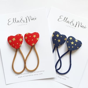 Heart shape hair bobbles,  navy stars,metallic stars,  stocking fillers, gift for girls, hair ties,  stripe, school accessories,red metallic