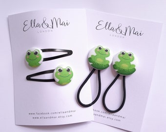 Frog Hair pin, Frog hair tie, Frog ponytail holder, Frog hair bobbles, Stocking fillers, black clips, green clips, gift for boys,