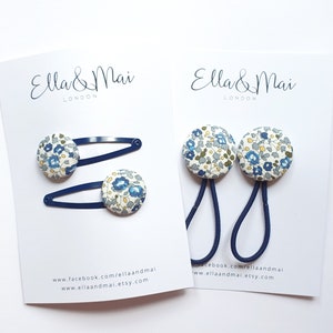 Liberty Eloise E hair accessories, hair tie, hair clip, stocking filler,navy, ponytail holder, navy clip, floral, hair ties.