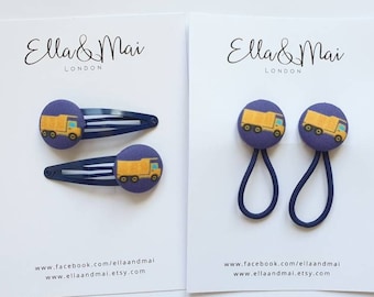 Vehicle hair accessories, yellow dumper truck,  stocking fillers, gift for boys, girls, navy clips, snap clips, hair ties,hair bobbles