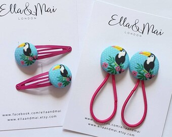 Toucan hair ties, toucan hair clips, jungle theme, ponytail holder, hair bobble, hair slide, Party bags, gift for girls, stocking fillers.