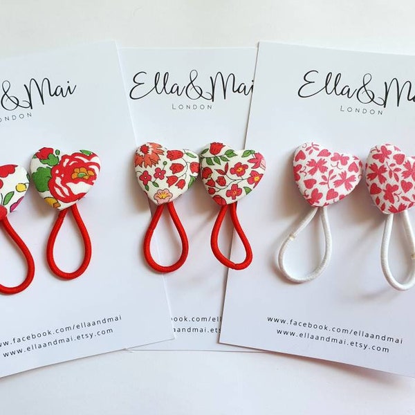 Heart hair bobbles, liberty fabrics,stocking fillers, gift for girls, liberty bobbles,ponytail holder,valentines gift, hair ties, red floral