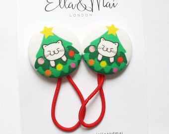 Cat and Christmas tree hair ties, hair bobbles, stocking fillers, white cat, christmas gift.