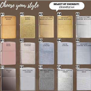 Puede incluir: Una selecci&oacute;n de encendedores en varios acabados, incluyendo lat&oacute;n cepillado, oro rosa y cromo. Cada encendedor est&aacute; etiquetado con un c&oacute;digo de estilo, como A1, B2 o C3, para ayudar a los clientes a elegir su dise&ntilde;o preferido. El texto "Choose your style" est&aacute; en la parte superior.