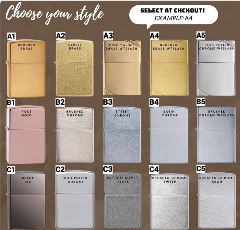 Puede incluir: Una selecci&oacute;n de encendedores en varios acabados, incluyendo lat&oacute;n cepillado, oro rosa y cromo. Cada encendedor est&aacute; etiquetado con un c&oacute;digo de estilo, como A1, B2 o C3, para ayudar a los clientes a elegir su dise&ntilde;o preferido. El texto "Choose your style" est&aacute; en la parte superior.