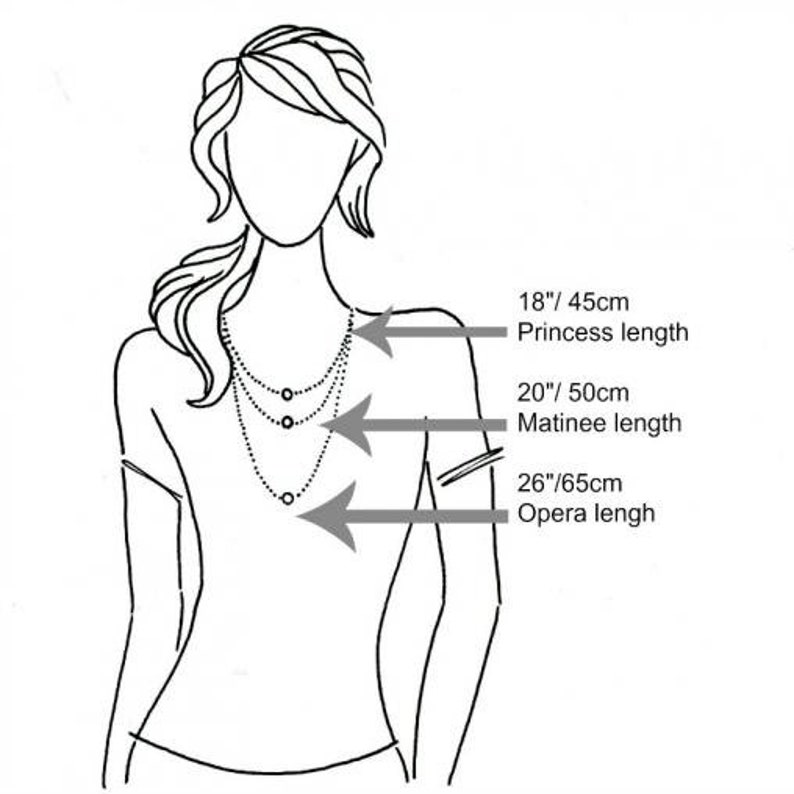 May include: Diagram showing different necklace lengths: 18 inches/45 cm Princess length, 20 inches/50 cm Matinee length, 26 inches/65 cm Opera length.