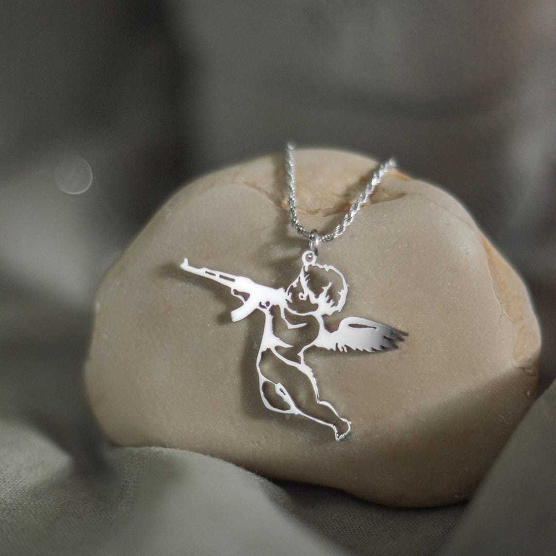 Angel With AK Necklace, Angel With Gun Pendant, Cupid With