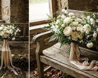 Nastro di seta color champagne tinto a mano: morbido nastro per bouquet da sposa.