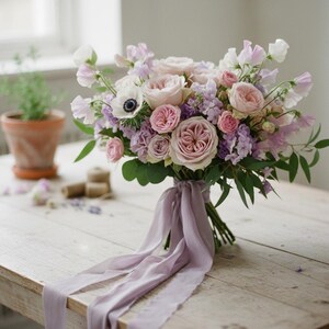 May include: A lush bouquet of roses, sweet peas, and other flowers in shades of pink, lavender, and white, tied with a long, flowing lavender ribbon. The arrangement sits on a light-colored wooden table, creating a soft, romantic aesthetic.