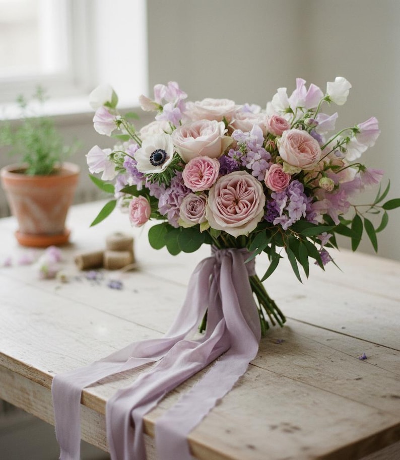 May include: A lush bouquet of roses, sweet peas, and other flowers in shades of pink, lavender, and white, tied with a long, flowing lavender ribbon. The arrangement sits on a light-colored wooden table, creating a soft, romantic aesthetic.