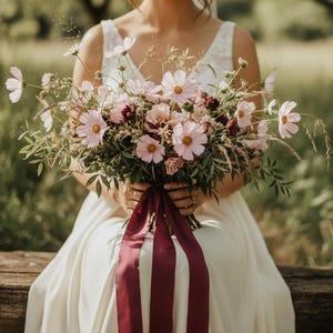 Peut inclure: Un bouquet de fleurs de cosmos roses et d'accents bordeaux, tenu par un ruban rouge foncé. Le bouquet est le point central, avec une robe blanche et un fond vert naturel.