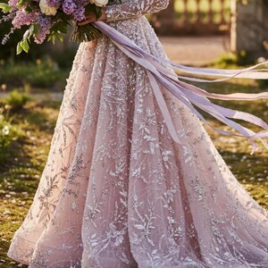 May include: A light pink wedding dress with intricate silver floral embroidery. The long-sleeved gown features a full skirt and is paired with a bouquet of purple and white flowers. Lavender ribbons cascade from the bouquet.