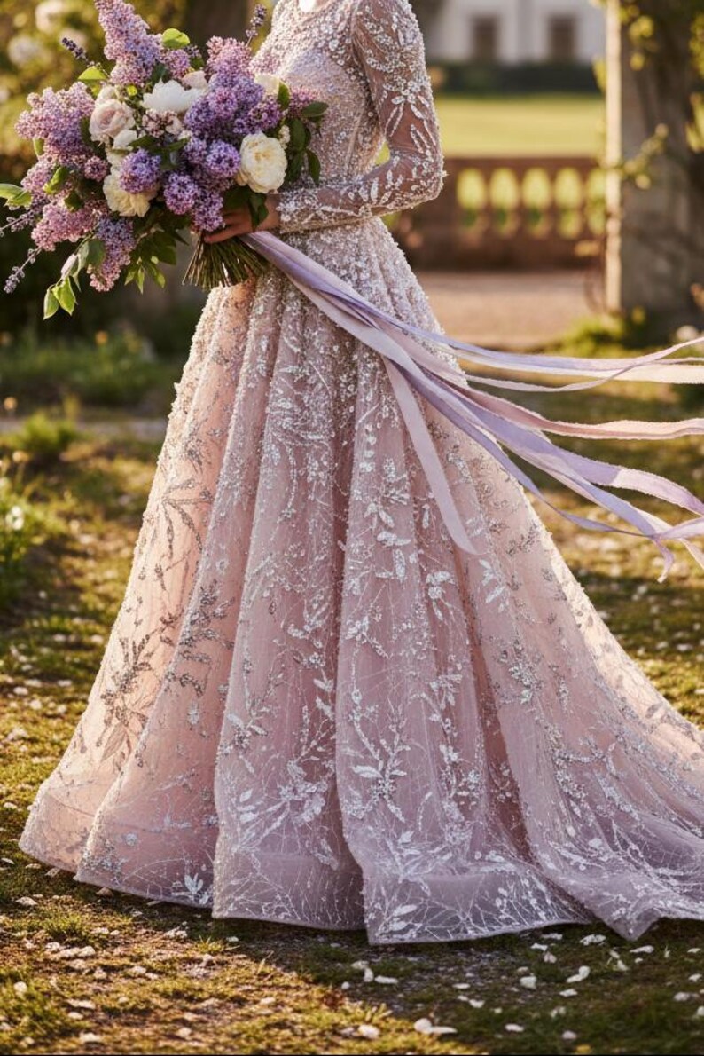 May include: A light pink wedding dress with intricate silver floral embroidery. The long-sleeved gown features a full skirt and is paired with a bouquet of purple and white flowers. Lavender ribbons cascade from the bouquet.