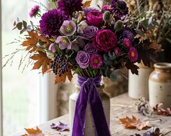 Hand-Dyed Purple Silk Velvet Ribbon: Bridal Bouquet Ribbon, Christmas Wreath
