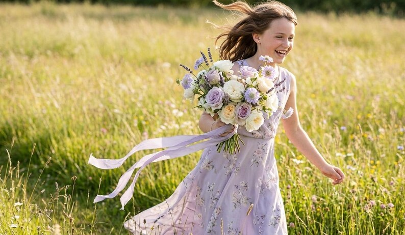 May include: A young person in a lavender dress runs through a field of tall grass, holding a bouquet of white, lavender, and yellow flowers. Long lavender ribbons trail from the bouquet. The dress has a floral pattern.