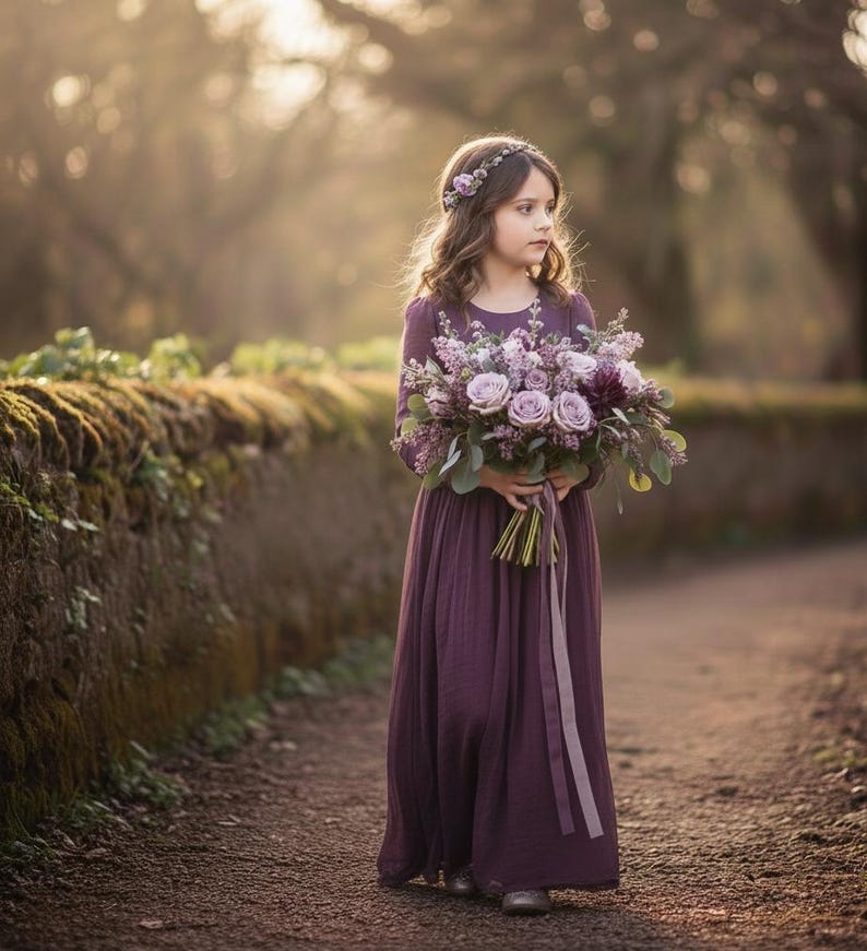 May include: A young person in a long, plum-colored dress and a floral crown holds a bouquet of lavender and purple flowers. The dress has long sleeves and a flowing skirt. The background is a blurred outdoor scene with a stone wall.