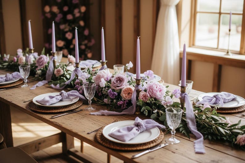 May include: A rustic wooden table set for a special occasion, featuring floral centerpieces with pink and purple roses, lavender candles, and elegant place settings with white plates and crystal glassware.