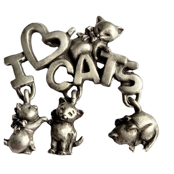 Spoontiques Pin Art I Love Cats Brooch Dangle Kittens Signed Numbered 4193 Pewter