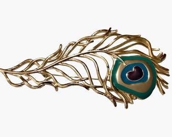 CM Jent Peacock Feather Brooch Pin 4 Inch Elegant Vintage Statement Runway