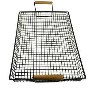 May include: Black metal wire tray with a wooden handle. The tray is rectangular and has a grid pattern.