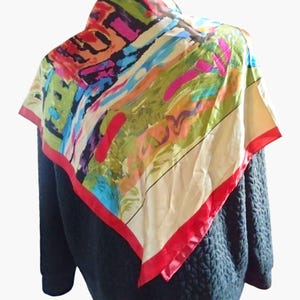 MOSI Silk Scarf Colorful Abstract Art 35x35 Inches Red Border