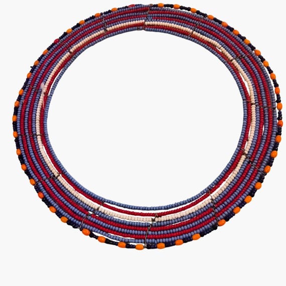 Handmade Maasai Beaded Necklace Red White Blue Orange