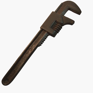 May include: An antique adjustable pipe wrench, made of dark metal with visible rust. The wrench features a long handle with text and a toothed jaw for gripping pipes. The adjustable jaw is open, ready for use.