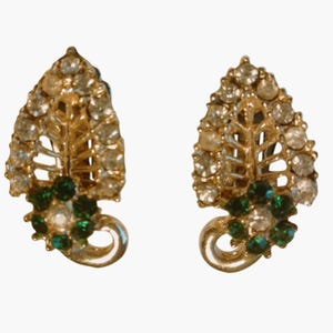 Gold Tone Filigree Leaf Clip On Earrings Clear Green Rhinestones