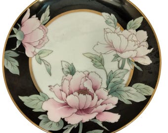 Tuxedo Junction Peony Plate Black Gold Pink Epoch Japan 7 inch