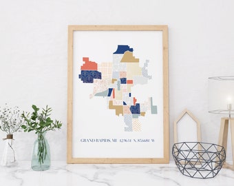 Digitaler Download | Grand Rapids Stadtviertel Karte Poster | Kunstdruck | Wanddeko | Bunte geometrische Muster Skyline