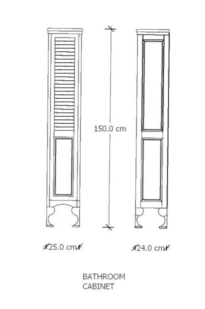 Pu&ograve; includere: Disegno a linea di un armadio da bagno con ante a persiana. L'armadio &egrave; alto 150,0 cm, largo 25,0 cm e profondo 24,0 cm.