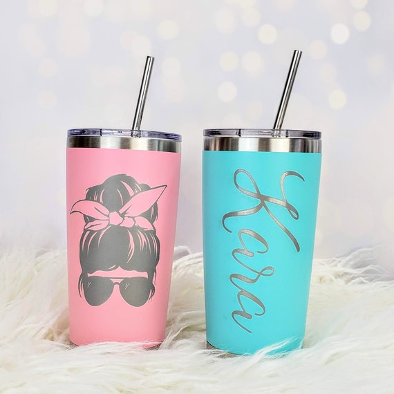20oz Hot / Cold Tumbler with Straw Laser Engraved Name Tumbler with Script Font on the side Bridal Party Gifts Birthday Gift