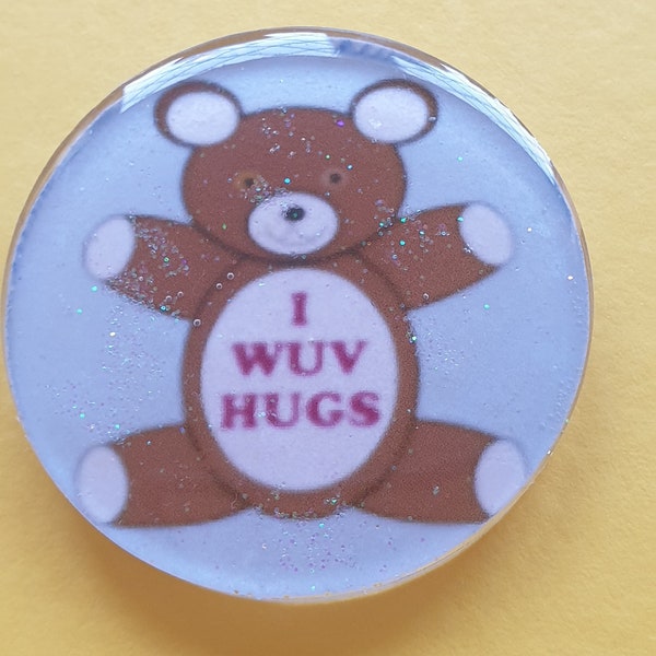 Supernatural inspired I Wuv Hugs badge pin with glitter, Dean, Sam