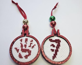 Supernatural glitter cross stitch Christmas decoration. Sam and Dean Winchester