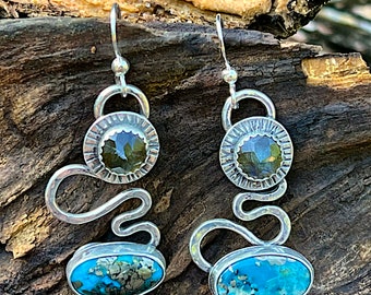 Morenci Turquoise and Labradorite Earrings set on wavy Sterling Silver