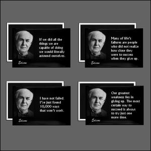 May include: A set of four framed prints with black backgrounds, white borders, and quotes attributed to Thomas Edison. Each print features a portrait of Edison. The quotes focus on success and overcoming failure. The prints are arranged in a 2x2 grid.