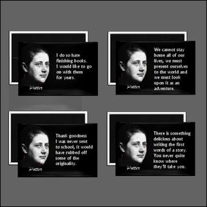 May include: Four black and white framed prints with quotes and a portrait of a woman. The quotes include: "I do so hate finishing books," "We cannot stay home all of our lives," "Thank goodness I was never sent to school," and "There is something delicious about writing the first words of a story."