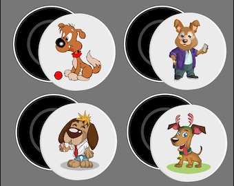 Fridge magnets, Set of 4, 59mm  2.250 inch diameter, Cartoon dogs
