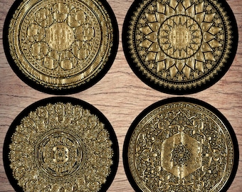 Ceramic coasters, Set of 4,Gold mandala patterns, Ceramic gift, Wedding gift, Birthday gift