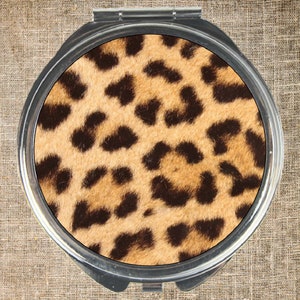 Compact mirror, Round compact, Mirror and pouch, Leopard skin