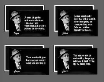 May include: Four black and white framed prints featuring a portrait of James Joyce and quotes attributed to him. The quotes are displayed in white text on a black background. The prints are arranged in a 2x2 grid.