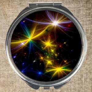Compact mirror, Round compact, Mirror and pouch, Fractal stars