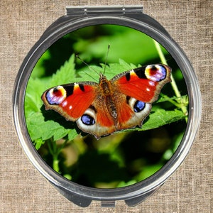 Compact mirror, Round compact, Mirror and pouch, Butterfly