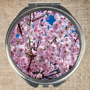 Compact mirror, Round compact, Mirror and pouch, Cherry blossom