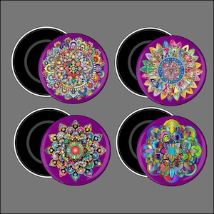 May include: Four purple stovetop burner covers with colourful mandala designs. Each cover has a black centre and a raised rim.